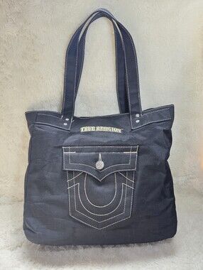 True Religion Black Canvas Horseshoe Pocket Tote Bag Y2K Shoulder Purse